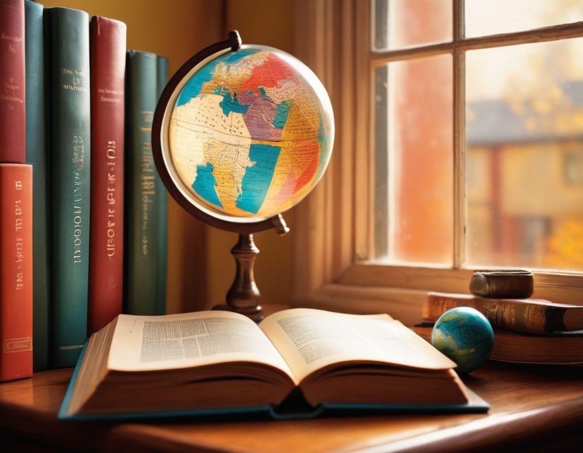 An intricate bookshelf filled with colorful lexicons and open phrasebooks, each page featuring different languages and expressions. A magnifying glass lies on top of a book, symbolizing exploration and discovery. Warm light filters through a nearby window, casting a cozy glow. In the foreground, a globe with language markers represents global communication. super-realistic. vibrant colors. cozy atmosphere.