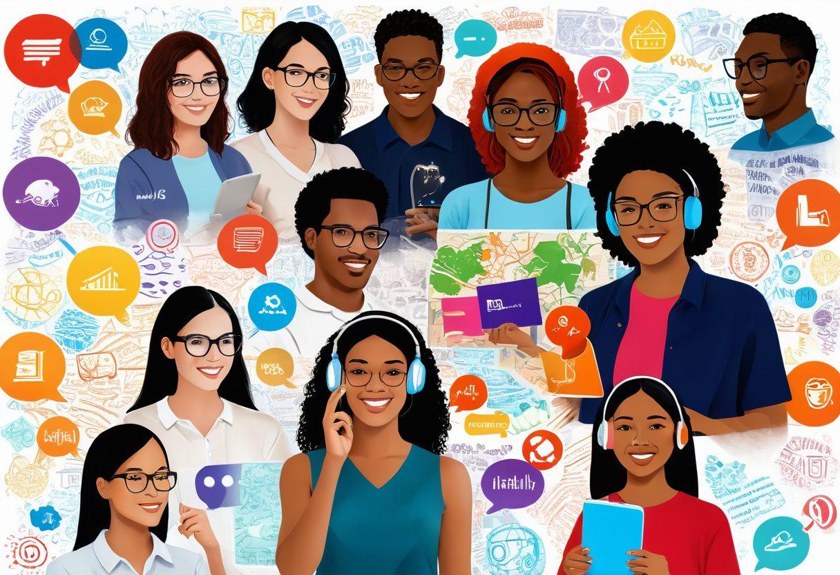 A collage of diverse individuals engaging with language learning tools, showcasing features like interactive apps, books, and virtual reality. Surround them with colorful speech bubbles showcasing various languages and symbols of communication. The background includes elements of a vibrant global map, emphasizing cultural diversity. Include hints of technology like tablets and headphones to highlight digital learning. Include bright and inviting colors for a warm and inspiring feel. super-realistic. vibrant colors. white background.