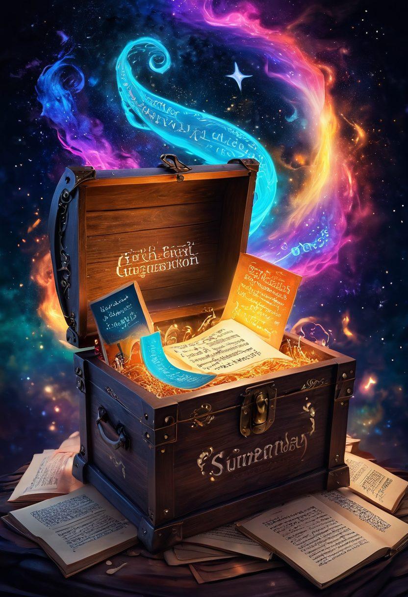 An open treasure chest overflowing with glowing letters and captivating words, illustrating the essence of language exploration. Surrounding it are diverse characters from different cultures, all engaged in vibrant discussions with scrolls and books in their hands. A mystical glow emanates from the chest, casting colorful reflections across the scene. Incorporate a surreal atmosphere with a swirling galaxy in the background. vibrant colors. ethereal style. fantasy.